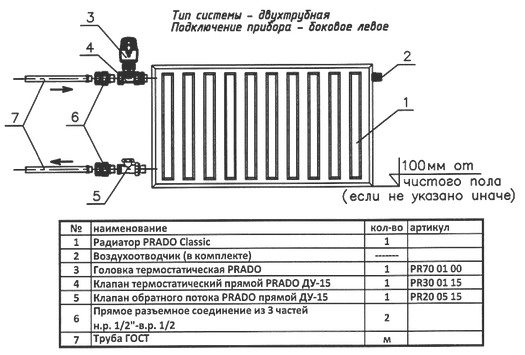схема бокового подключения радиатора